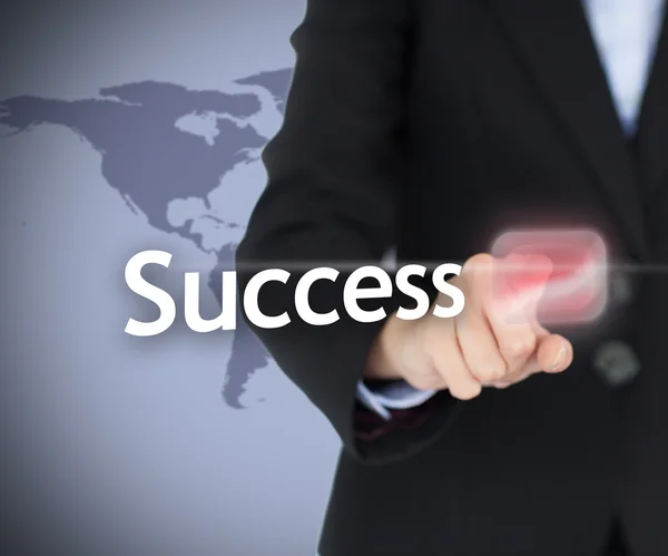 Businesswoman touching on the success button — Stock Photo, Image