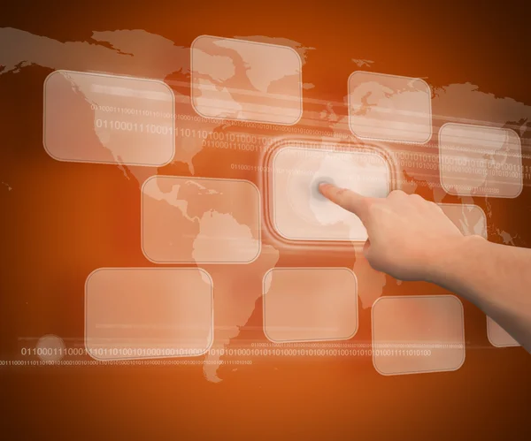 A finger touching button against orange background — Stock Photo, Image