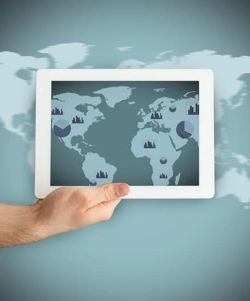 Hand holding a tablet PC showing business world map graphic — Stock Photo, Image