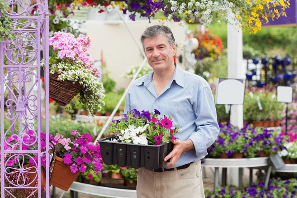 Fröhliche Kundin trägt Kisten nach draußen — Stockfoto