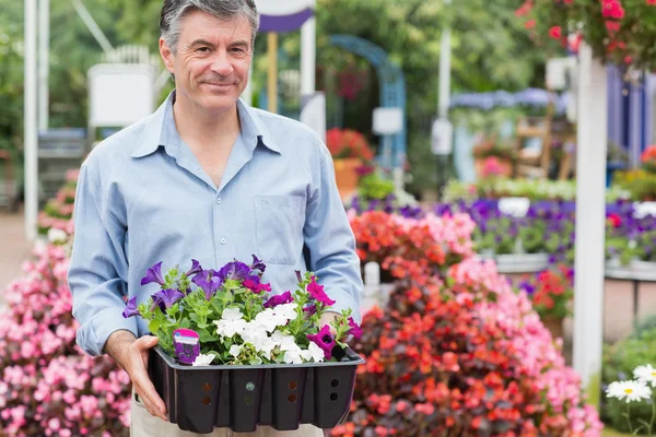 Man carrying boxes outside in garden center — Stock Photo, Image
