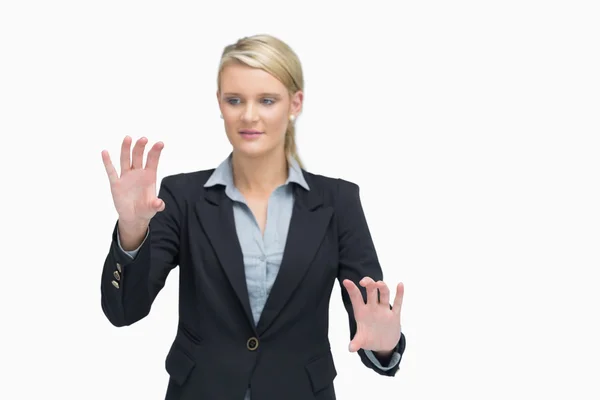 Businesswoman presenting with both hands — Stock Photo, Image