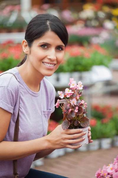 Mujer sosteniendo una flor mientras sonríe —  Fotos de Stock