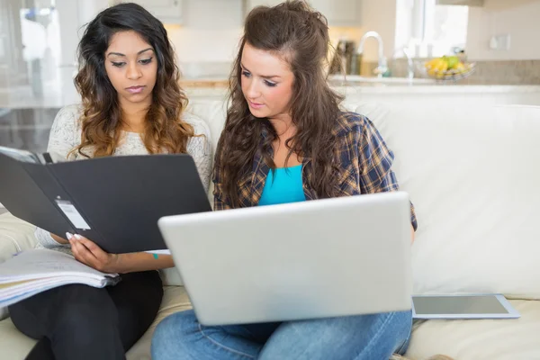 Girls studying together on sofa — Stock Photo, Image