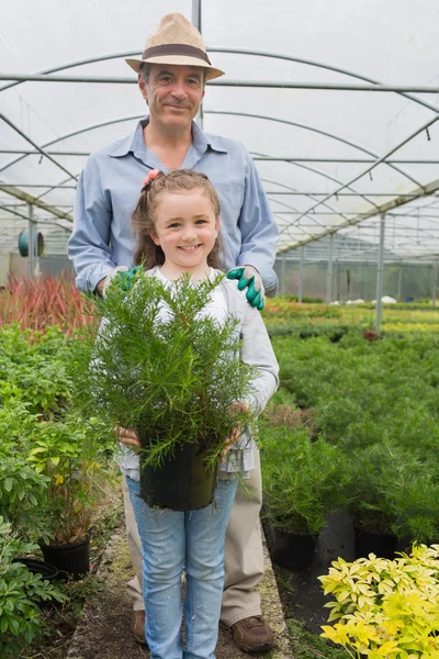 Little girl holding potted plant with grandfather — Stock Photo, Image