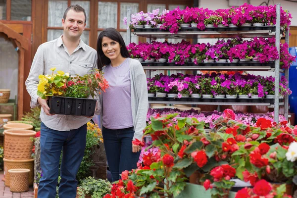 Casal feliz segurando bandeja de plantas — Fotografia de Stock