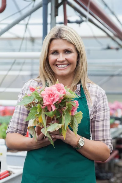 Blonde woman holding a flower working in garden center — Stock Photo, Image
