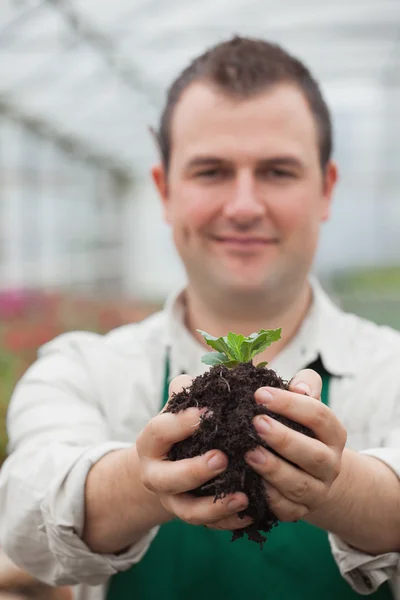 Hombre sosteniendo una planta con tierra en sus manos — Foto de Stock