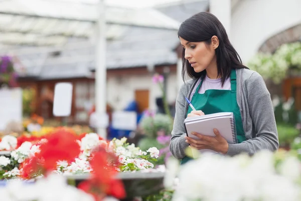 Lavoratore che prende appunti mentre sceglie un fiore — Foto Stock