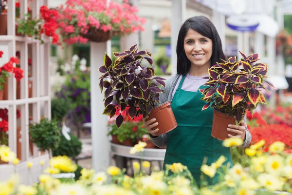 Giardino lavoratore centro che tiene due impianti mentre in piedi al di fuori — Foto Stock