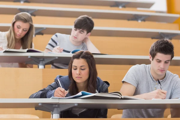 Students sitting at desks in lecture hall — 图库照片