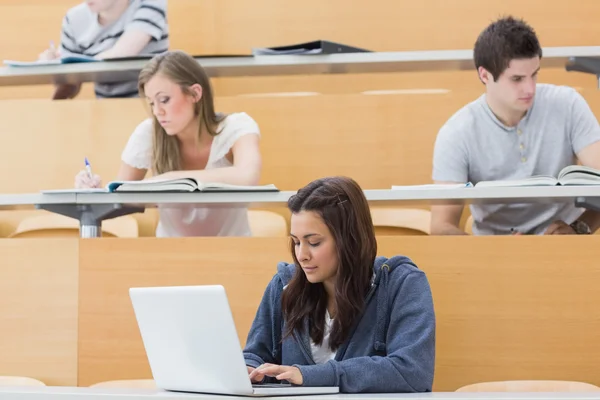 Studenten in een lezing met een laptop gebruikt — Stockfoto