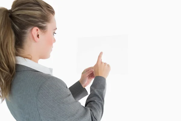 Woman pointing on the glass slide — Stock Photo, Image