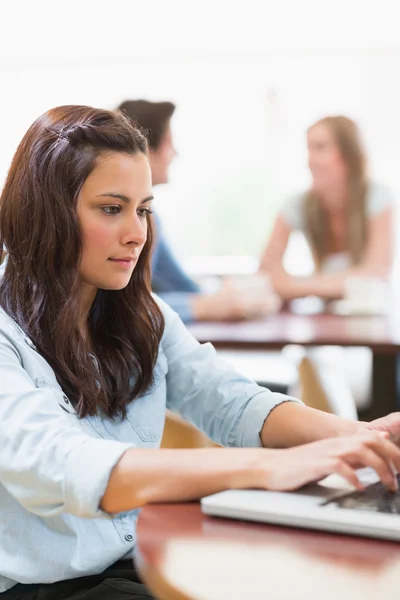女的坐在使用笔记本电脑的大学生咖啡馆 — 图库照片