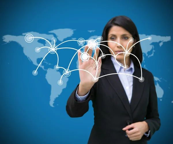 Businesswoman pressing on holographic screen with connecting lin — Stock Photo, Image