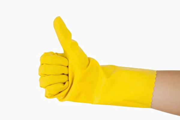 Tangan wanita dengan sarung tangan kuning memberikan jempol ke atas — Stok Foto