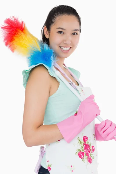 Smiling woman with duster — Stock Photo, Image