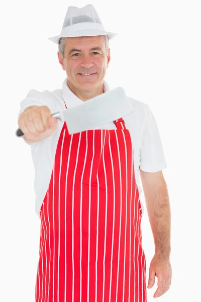 Butcher holding big meat cleaver — Stock Photo, Image