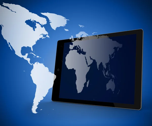 Tablet pc de pé contra fundo azul escuro com mundo — Fotografia de Stock