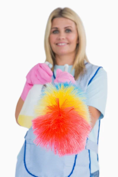 Cleaner holding feather duster — Stock Photo, Image