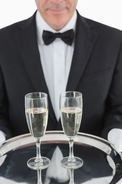 Man holding tray with champagne — Stock Photo, Image