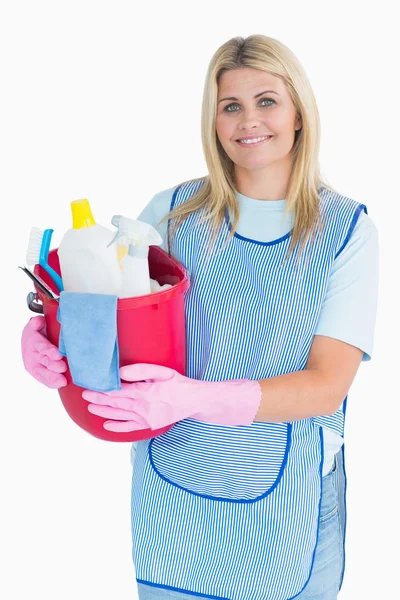 Cleaner woman holding a bucket — Stock Photo, Image