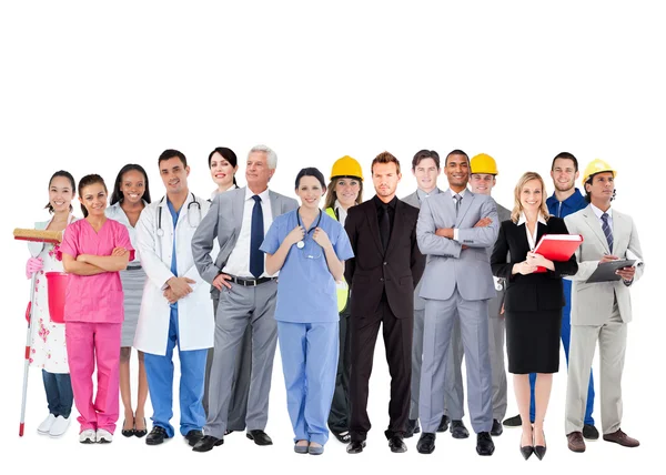 Gruppo sorridente di con diversi posti di lavoro — Foto Stock