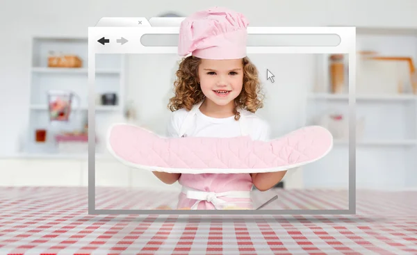 Cyfrowe internet okna wyświetlone dziewczyna w kuchni sprzęt — Zdjęcie stockowe