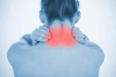 Woman with highlighted neck pain clipart