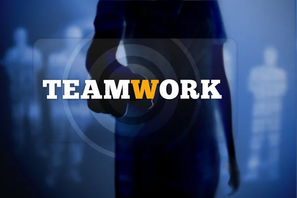 Silhouette of woman touching teamwork button — Stock Photo, Image