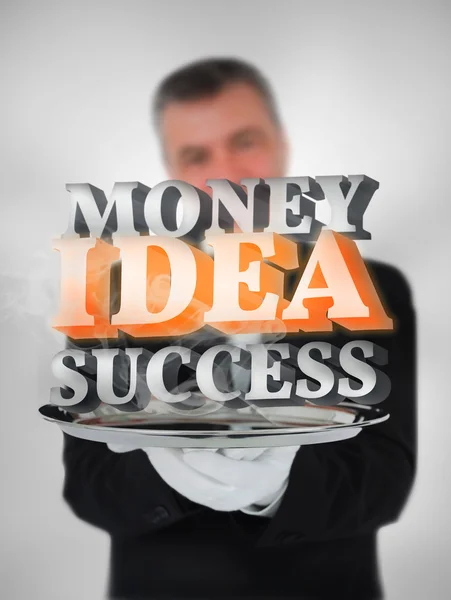 Waiter offering success money and ideas — Stock Photo, Image