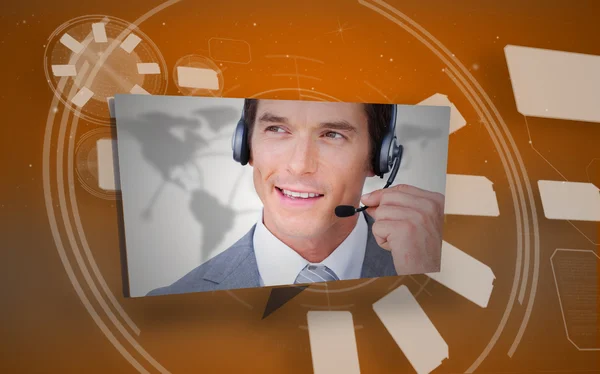 Digital speech box showing man in headset on orange background — Stock Photo, Image