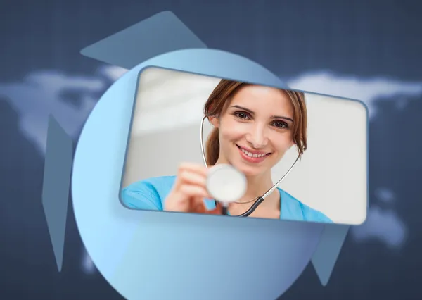 Bildschirm zeigt Krankenschwester mit Stethoskop an blauer Schnittstelle — Stockfoto