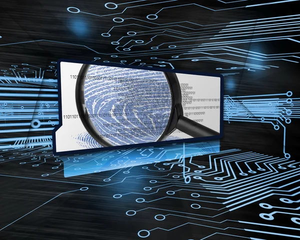 Screen showing binary code and magnifying glass in circuit board — Stock Photo, Image