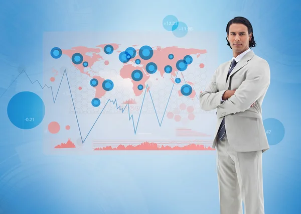 Businessman standing with a digital world map — Stock Photo, Image