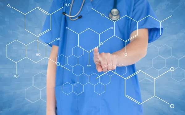 Doctor pressing touchscreen displaying chemical formula — Stock Photo, Image