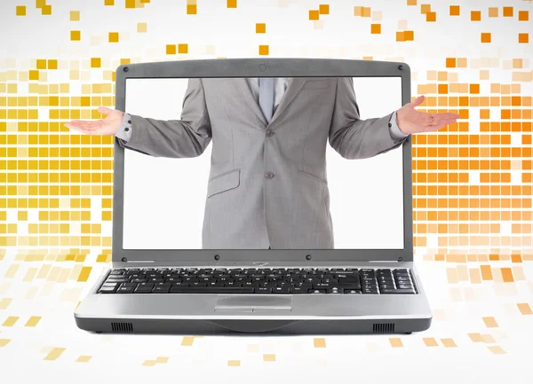 Businessman reaching his arms out from laptop — Stock Photo, Image