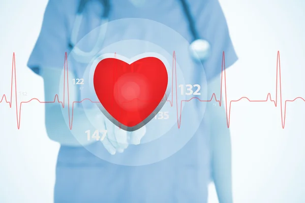 Krankenschwester im Peeling berührt rote Ecg-Linie mit Herzgrafik — Stockfoto