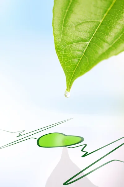 Dew drop falling from leaf onto green heart symbol on ECG line — Stock Photo, Image