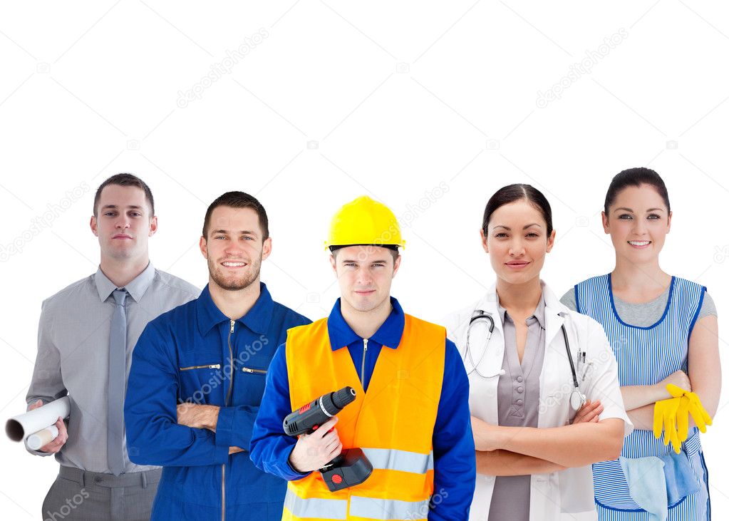 Group of with different jobs standing arms folded — Stock Photo