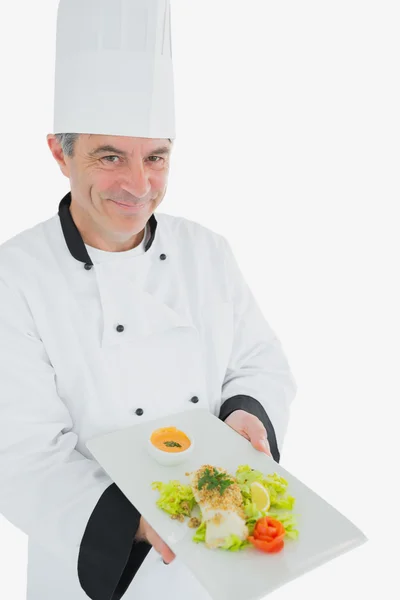 Чоловічий шеф-кухар, що пропонує свіжу приготовану їжу — стокове фото