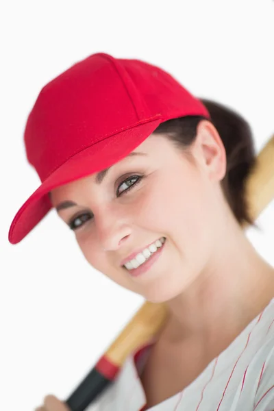 Glückliche Frau mit Baseballschläger und Hut — Stockfoto