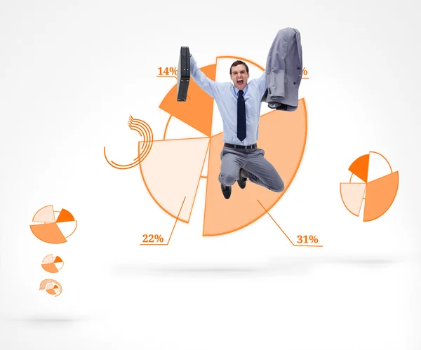 Man jumping against a graphical pie in background — Stock Photo, Image