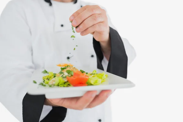 Male chef garnishing fresh prepared meal — Stock Photo, Image