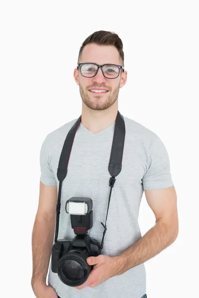 Retrato de fotógrafo con cámara fotográfica — Foto de Stock