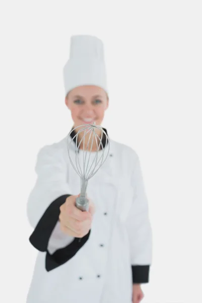 Портрет шеф-кухаря, що тримає дротяне вуса — стокове фото