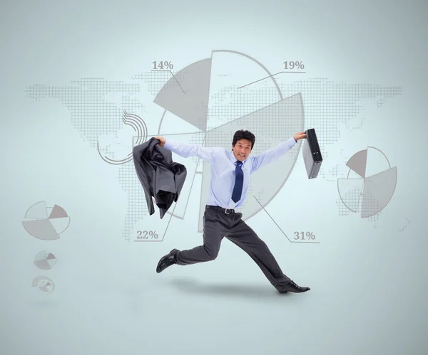 Businessman in suit jumping against graphical presentation — Stock Photo, Image