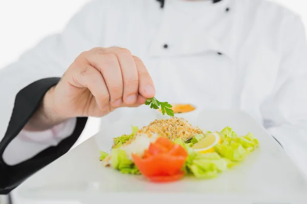 Chef garnishing meal — Stock Photo, Image