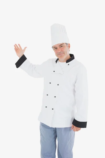 Шеф-кухар, що показує щось на білому — стокове фото