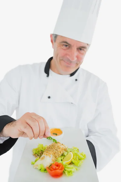 Chef garnishing prepared meal — Stock Photo, Image